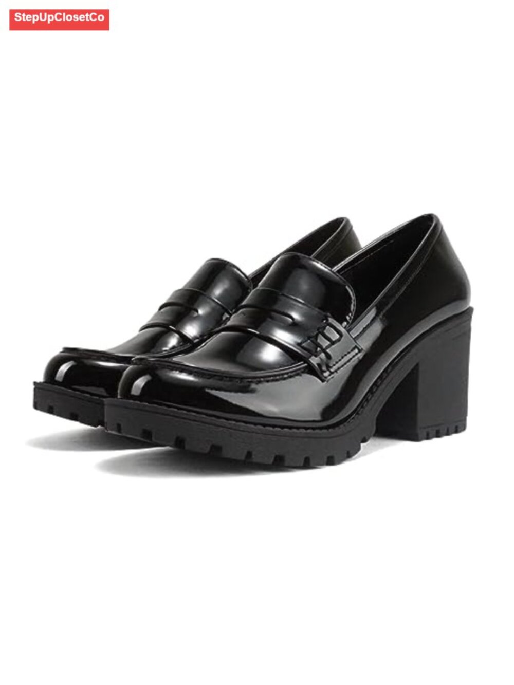 Women Slip On Chunky Mid Heel Lug Sole Penny Loafer Shoe - Faux Leather